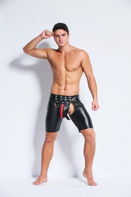 Herren Wetlook Sexy Clubwear PVC Kurze Hose öffnen Gabelung Cosplay Kostüm