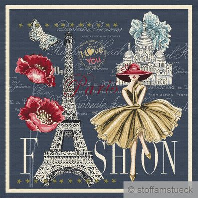 Stoff Kissen Panel Polyester Baumwolle Gobelin blau Paris Audrey Hepburn 50 x 50