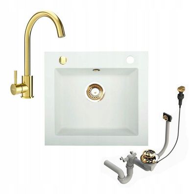 Spülbecken Küchenspüle 48,5x44 in Weiss / Granitspüle/ Siphon + Wasserhahn in Gold