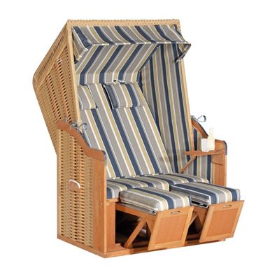 SunnySmart Garten-Strandkorb Rustikal 50 PLUS 2-Sitzer beige/ blau mit Kissen