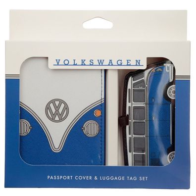 Volkswagen VW T1 Bulli Blaue Reisepasshülle und Gepäckanhänger Set