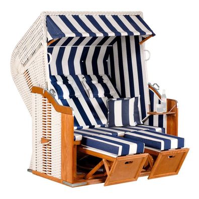 SunnySmart Garten-Strandkorb Rustikal 250 PLUS 2-Sitzer XL weiß/ blau mit Kissen