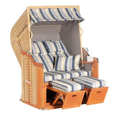 SunnySmart Garten-Strandkorb Rustikal 255 PLUS 2-Sitzer beige/ taupe/ blau mit Kissen