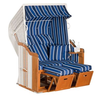 SunnySmart Garten-Strandkorb Rustikal 250 PLUS 2-Sitzer weiß/ blau mit Kissen