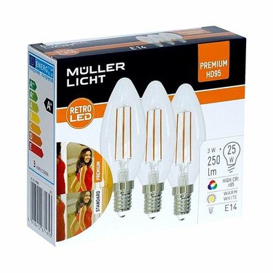 Müller-Licht LED 5x3 Filament Leuchtmittel Kerze 3W E14 klar 250lm warmweiß