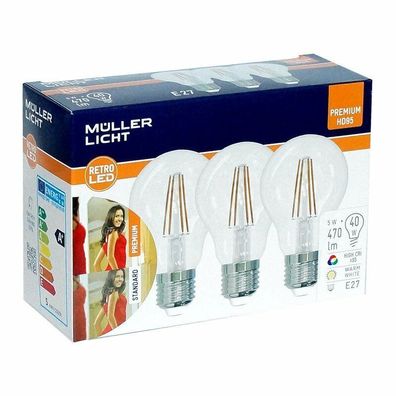 Müller-Licht LED 5x3 Filament Leuchtmittel Birnenform 5W E27 470lm klar warmweiß