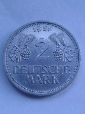 2 Mark 1951 D BRD Deutschland DM D-Mark Trauben und Ähren - sehr gut erhalten