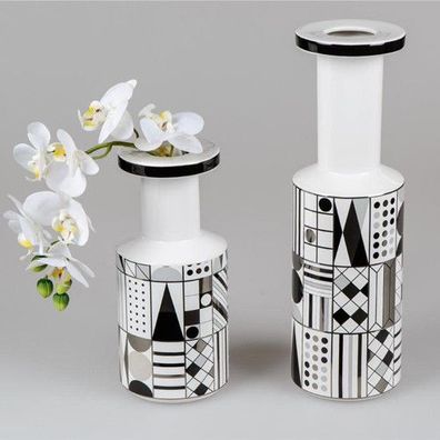 Formano Deko Vase Dose Retro Style Keramik glasiert weiss schwarz grau silber