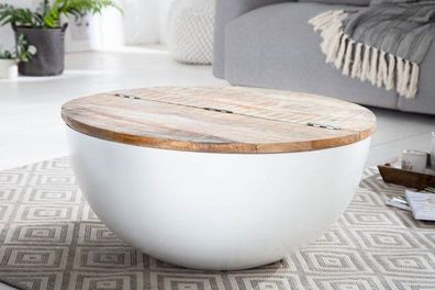 Industrie-Design Couchtisch mit Stauraum ca.70cm JAVA weiss rund recyceltes Holz
