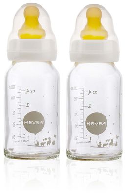 HEVEA Babyfläschchen aus Glas / Weiß (120 ml) + Trinksauger - Naturkautschuk / ...