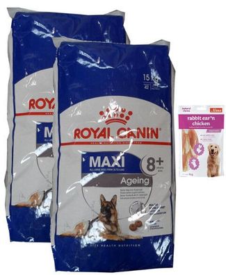 2x15kg Royal Canin Maxi Ageing 8+ Senior Mature + 80g Fleischsnacks
