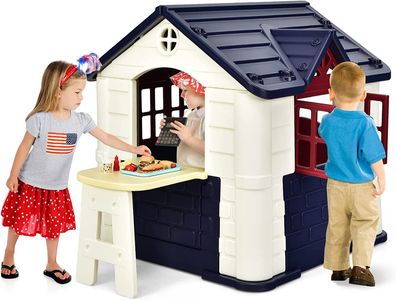 Kinder Spielhaus für bis zu 6 mit Pickniktisch, Kinderhäuschen 164 x 124 x 132 cm