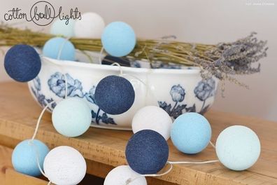 Textil Ball Girlande Lampions BIG BLUE 10, 20, 35 oder 50 Kugeln Cotton Ball Lights