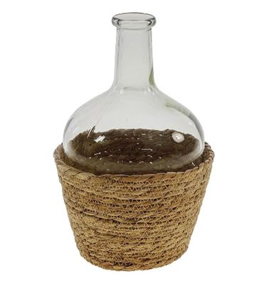 Flaschen Vase im Korb Glas Seegras natur H=26cm Blumen Boden Tisch Deko Trocken