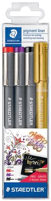 Staedtler Pigmentliner 3er Set + GRATIS Metallic-Marker, Etui