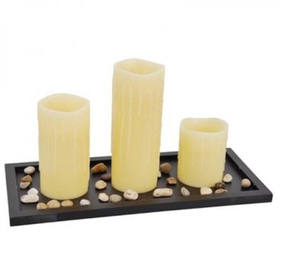 LED-Kerzen 3er-Set auf Tablett mit Dekosteine Wachskerzen Stumpenkerze Vanille