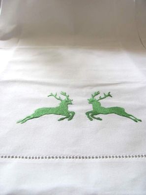 Edler Tischläufer, weiß mit grünen Hirschen bestickt 50 x 150cm, reine Handarbeit
