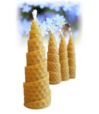 4 Handgerollte Spitzkegelkerzen aus echtem Bienenwachs Tannenbaum Weihnachten