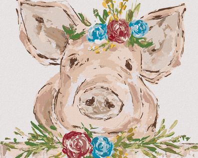 Zuty - Malen nach Zahlen - Schwein MIT BLUMEN 2 (HALEY BUSCH), 40x50 cm