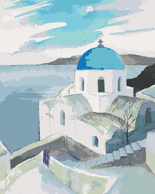 Zuty - Malen nach Zahlen - KIRCHE MIT BLAUER KUPPEL AUF Santorini, 40x50 cm