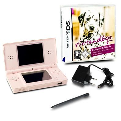 DS Lite Handheld Konsole rosa #74A + Kabel+ Spiel Nintendogs Dalmatiner & Friends