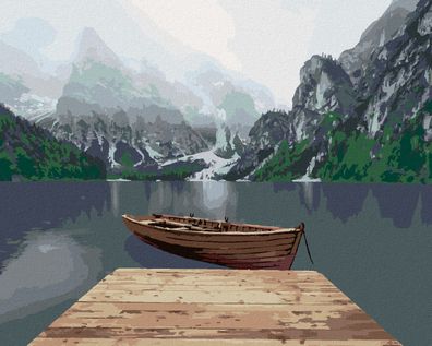 Zuty - Malen nach Zahlen - BERGE AM SEE MIT EINEM BOOT, 40x50 cm