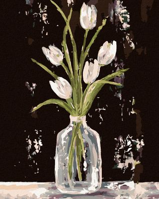 Zuty - Malen nach Zahlen - WEISSE TULPEN IN EINER Glasvase (HALEY BUSCH), 40x50 cm