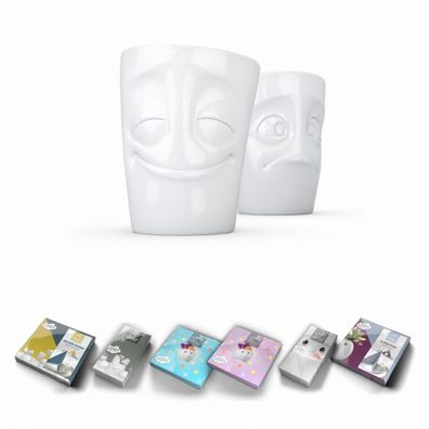 Fiftyeight Becher Set Nr. 2 vergnügt + verdutzt + Servietten OHNE HENKEL weiß