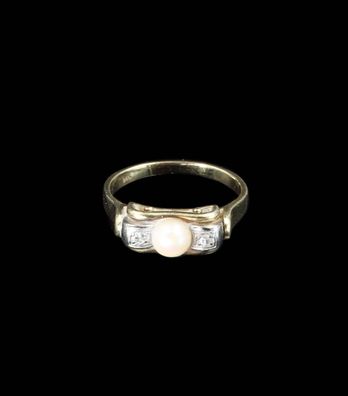 585/ 14kt Gelbgold Ring, mit Perle, Diamanten 0,04ct, Gr.61, guter Zustand