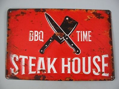 Blechschild, Reklameschild, Steak House, BBQ Time, Kneipen Schild, 20x30 cm