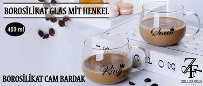 2er Set "King & Queen" Borosilikat Glas mit Henkel 400 ml Cam Bardagi für Kaffee ...