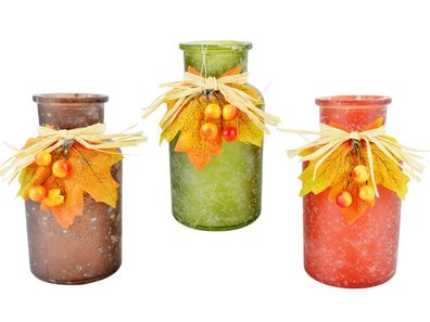 3er Set Glasvase mit Herbstdeko | Flasche Vase Glasflasche Blatt Beeren | 12,5cm