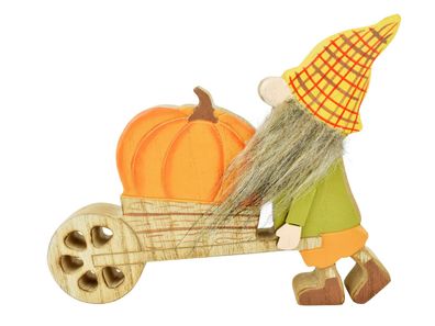 Aufsteller Herbst Wichtel mit Kürbis Wagen | Figur Herbstdeko | 17x14cm (Gr. Mittel)