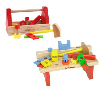 Kleinkind Holzspielzeug Werkzeugkasten Werkbank Kinder Set SpielMaus + 12m