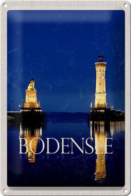 Blechschild Reise 20x30 cm Bodensee Deutschland Leuchttutm Nacht Schild tin sign