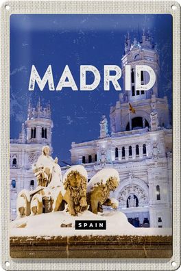 Blechschild Reise 20x30 cm Madrid Spanien Winter Nacht Trip Schild tin sign
