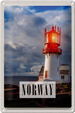 Blechschild Reise 20x30 cm Norwegen Leuchtturm Gewitter Meer Schild tin sign