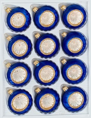 12 tlg. Glas-Weihnachtskugeln Set in "Vintage Ice Royal Blau Gold"