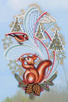 Plauener Spitze Fensterbild Weihnachten Eichhörnchen Tiere des Waldes Fensterdeko