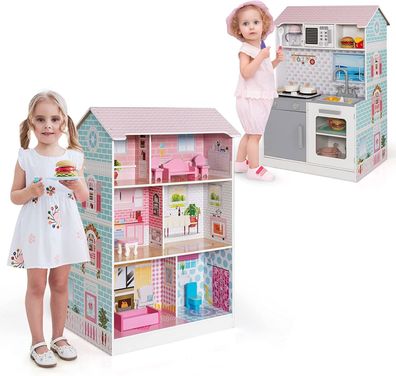 2 in 1 Puppenhaus und Kinderküche, doppelseitiges Spielhaus aus Holz