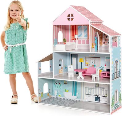 Puppenhaus aus Holz, Spielset mit Möbel und Zubehör, Puppenvilla Puppenstube