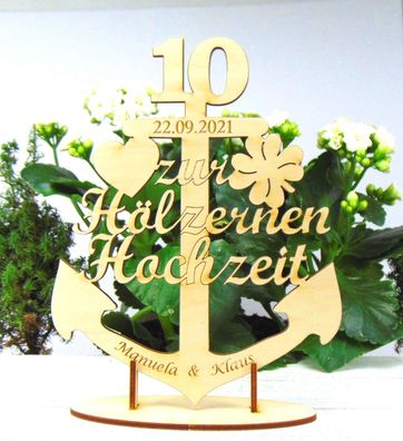 Hölzerne Hochzeit Anker aus Holz, 10 Jahre mit Gravur, Personalisiert, mit Ständer