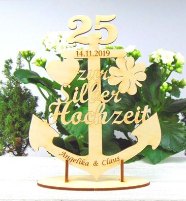 Silber Hochzeit Anker aus Holz, 25 Jahre mit Gravur, Personalisiert, mit Ständer