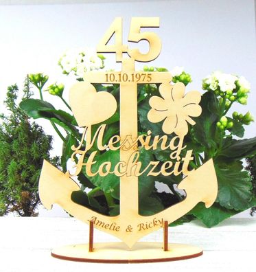 Messing Hochzeit Anker aus Holz, 45 Jahre mit Gravur, Personalisiert, mit Ständer