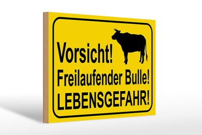Holzschild Hinweis 30x20 cm Vorsicht freilaufender Bulle Deko Schild wooden sign