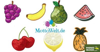 Früchte, Obst Pailletten Applikationen, Zitrone Melone Banane Kirschen Birne