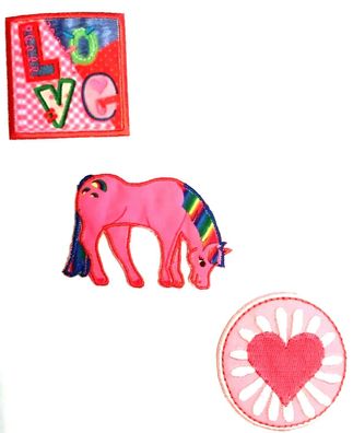 Aufbügel Flicken Pink, Pferd, Herz, Love - Bügelbilder 3er Set Applikationen