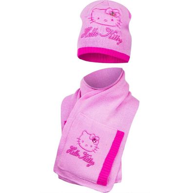 Hello Kitty Mütze Schal Set, Schwarz, Rosa, Weiß - 52 oder 54 - Kinder Mützenset