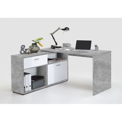 Schreibtisch Eckschreibtisch Winkelschreibtisch Beton grau / Hochglanz weiß DI...