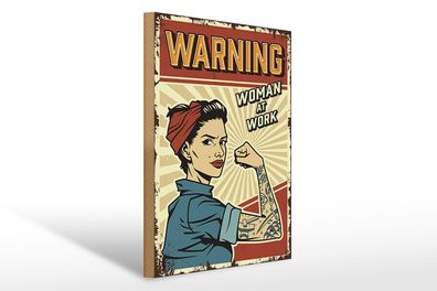 Holzschild Retro 30x40 cm Pinup warning women at work Frau Schild wooden sign
